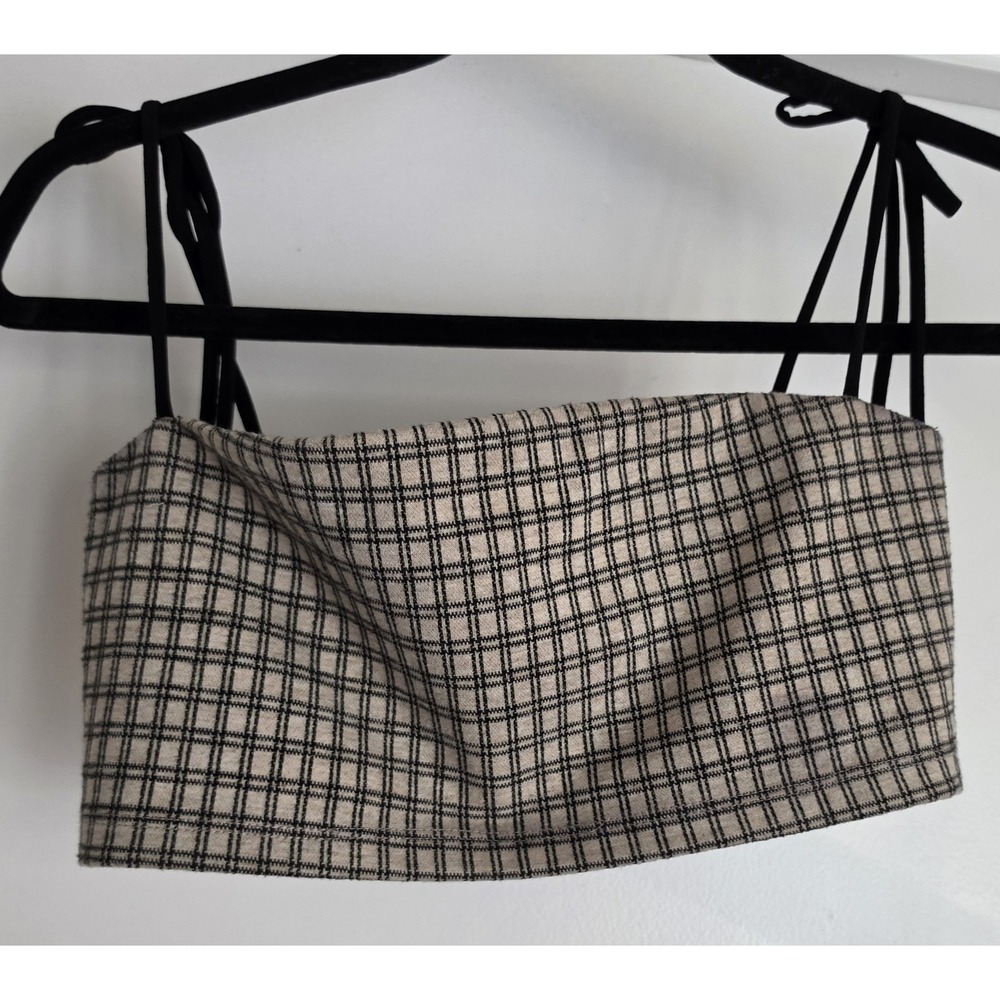 Reformation Crop Top XS Sleeveless Plaid Beige Black Classic Tank Blouse